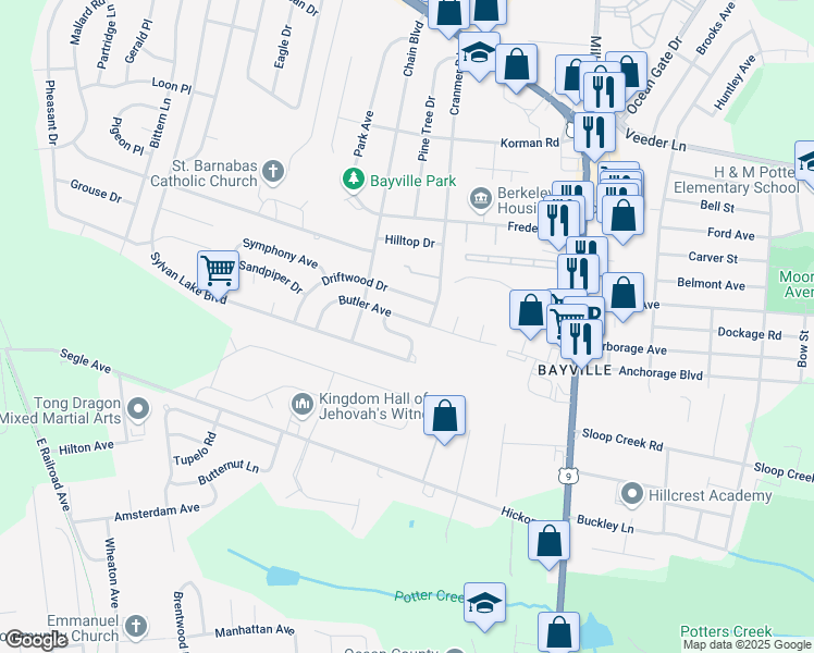 map of restaurants, bars, coffee shops, grocery stores, and more near 67 Butler Avenue in Berkeley Township
