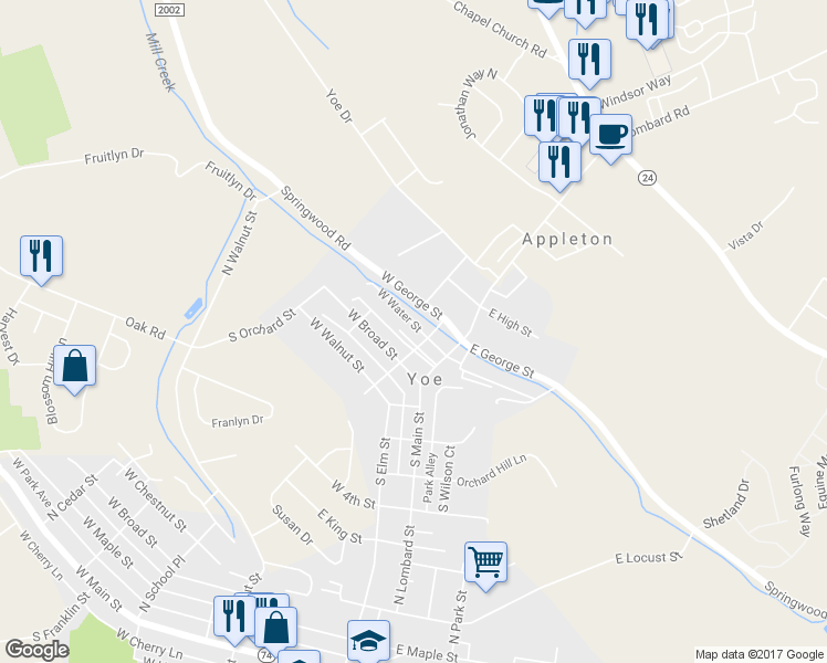 map of restaurants, bars, coffee shops, grocery stores, and more near 81 West Pennsylvania Avenue in Dallastown