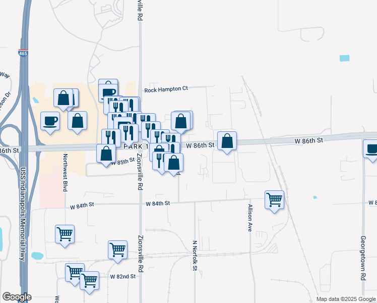 map of restaurants, bars, coffee shops, grocery stores, and more near 5455 West 86th Street in Indianapolis