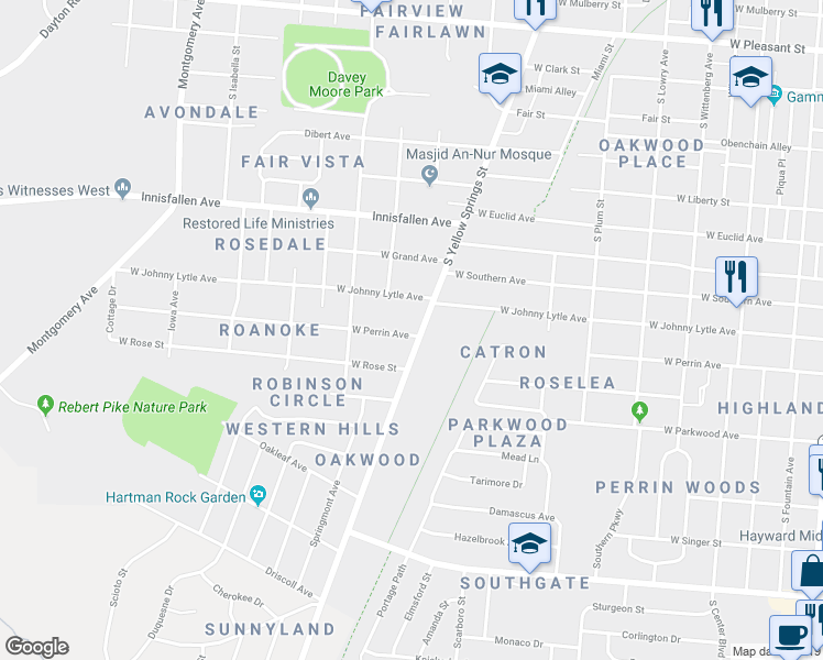 map of restaurants, bars, coffee shops, grocery stores, and more near 1303 South Yellow Springs Street in Springfield