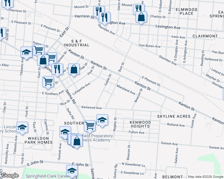 map of restaurants, bars, coffee shops, grocery stores, and more near 1015 Burt Street in Springfield