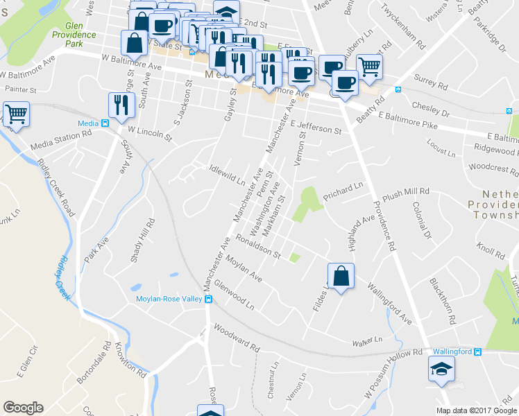 map of restaurants, bars, coffee shops, grocery stores, and more near 604 Washington Avenue in Media