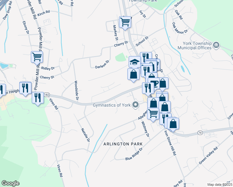 map of restaurants, bars, coffee shops, grocery stores, and more near 271 Leader Heights Road in York