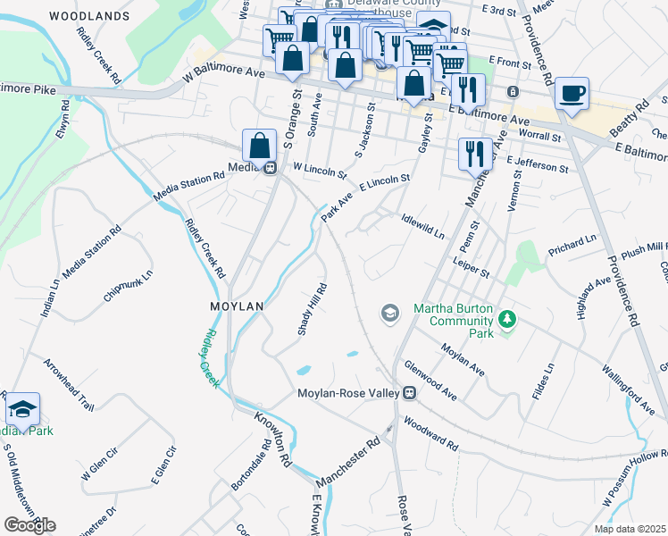 map of restaurants, bars, coffee shops, grocery stores, and more near 55 Shady Hill Road in Media
