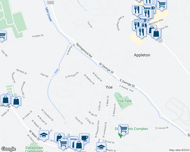 map of restaurants, bars, coffee shops, grocery stores, and more near 182 West Broad Street in Yoe