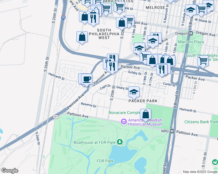 map of restaurants, bars, coffee shops, grocery stores, and more near 3202 Capri Drive in Philadelphia