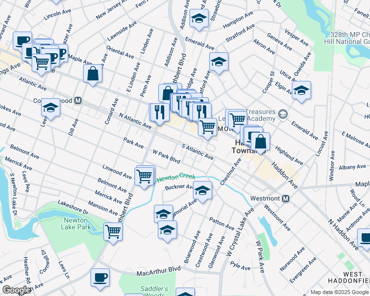 map of restaurants, bars, coffee shops, grocery stores, and more near 101 Park Terrace in Haddon Township