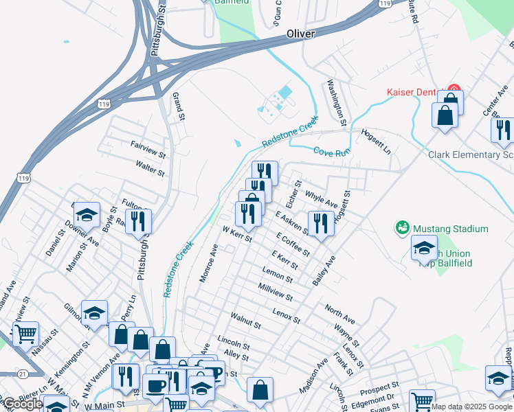 map of restaurants, bars, coffee shops, grocery stores, and more near 62 West Askren Street in Uniontown