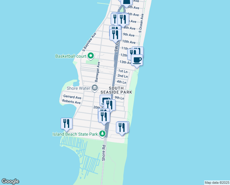 map of restaurants, bars, coffee shops, grocery stores, and more near 27 8th Lane in Seaside Park