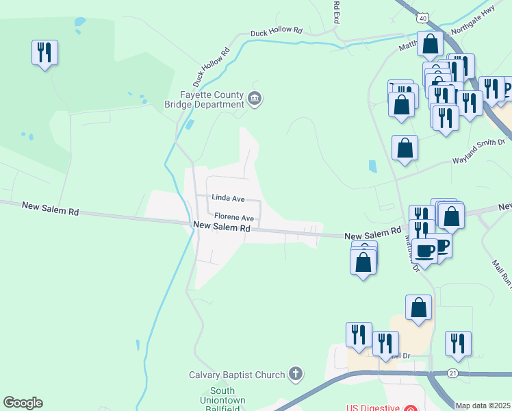 map of restaurants, bars, coffee shops, grocery stores, and more near 263 Linda Ave in Uniontown