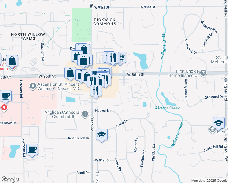 map of restaurants, bars, coffee shops, grocery stores, and more near 1275 West 86th Street in Indianapolis