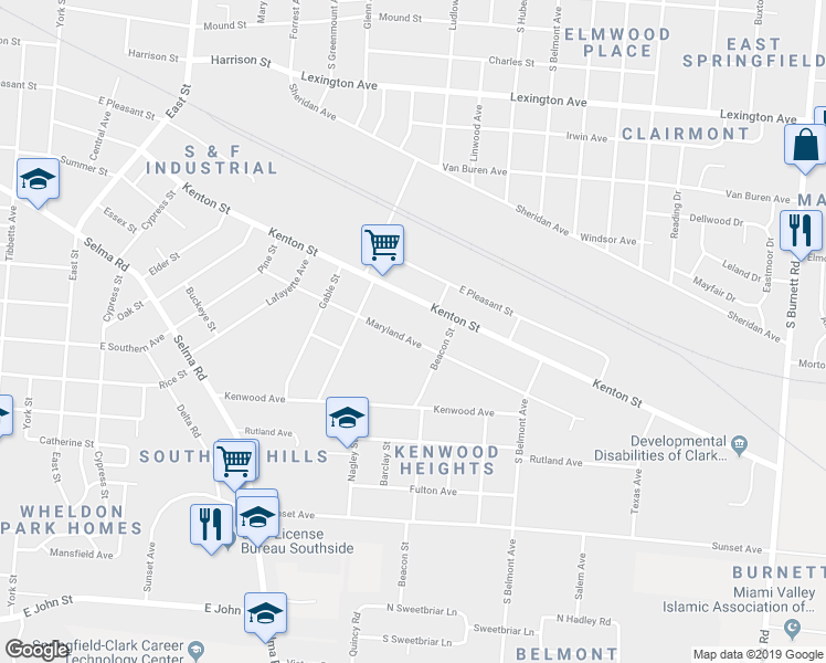 map of restaurants, bars, coffee shops, grocery stores, and more near 1628 Maryland Avenue in Springfield