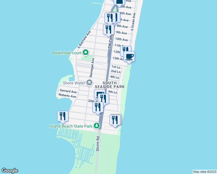map of restaurants, bars, coffee shops, grocery stores, and more near 27 8th Lane in Seaside Park