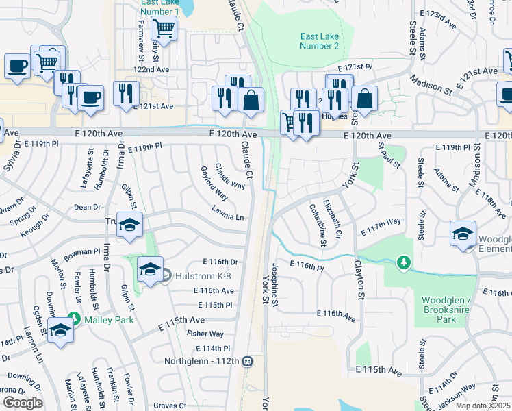 map of restaurants, bars, coffee shops, grocery stores, and more near 11824 Claude Court in Northglenn