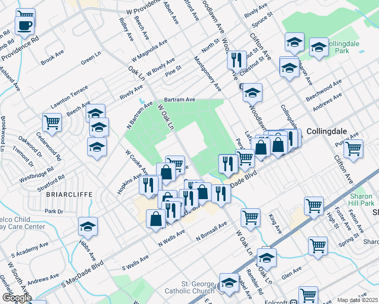 map of restaurants, bars, coffee shops, grocery stores, and more near 513 West Oak Lane in Glenolden