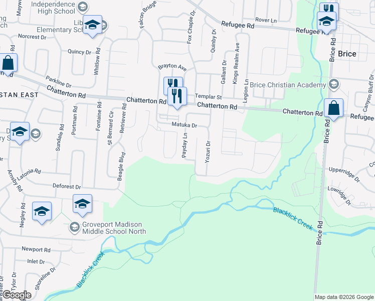 map of restaurants, bars, coffee shops, grocery stores, and more near 3294 Payday Ln in Columbus
