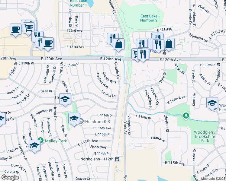map of restaurants, bars, coffee shops, grocery stores, and more near 11801 Gaylord Way in Northglenn
