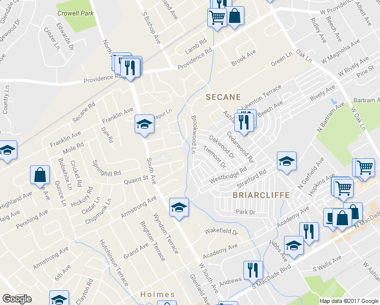 map of restaurants, bars, coffee shops, grocery stores, and more near 1122 Brookwood Lane in Glenolden