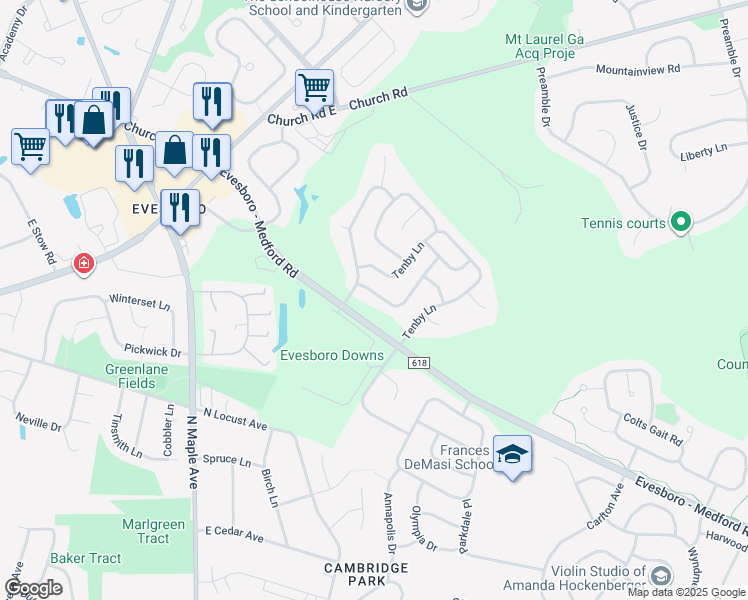map of restaurants, bars, coffee shops, grocery stores, and more near 8 Lakefield Drive in Evesham