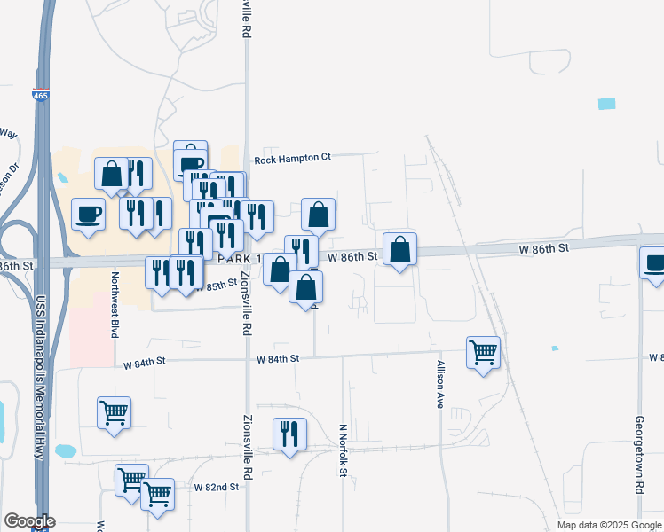 map of restaurants, bars, coffee shops, grocery stores, and more near 5455 West 86th Street in Indianapolis