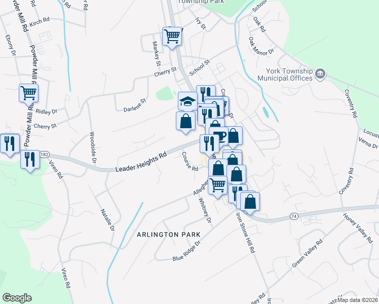 map of restaurants, bars, coffee shops, grocery stores, and more near 2602 Course Road in York
