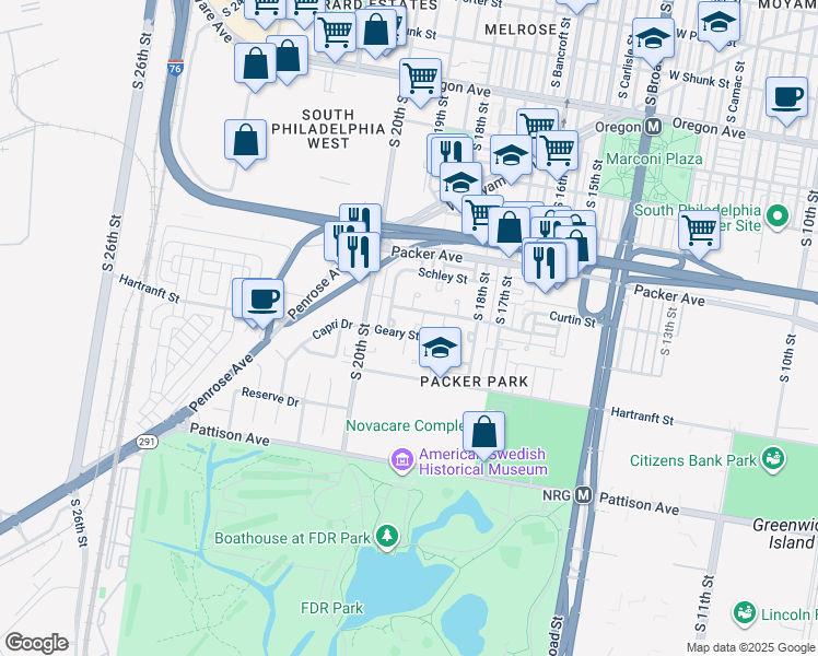map of restaurants, bars, coffee shops, grocery stores, and more near 3174 Halsey Place in Philadelphia