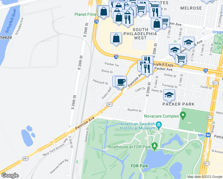 map of restaurants, bars, coffee shops, grocery stores, and more near 3313 Pietro Way in Philadelphia