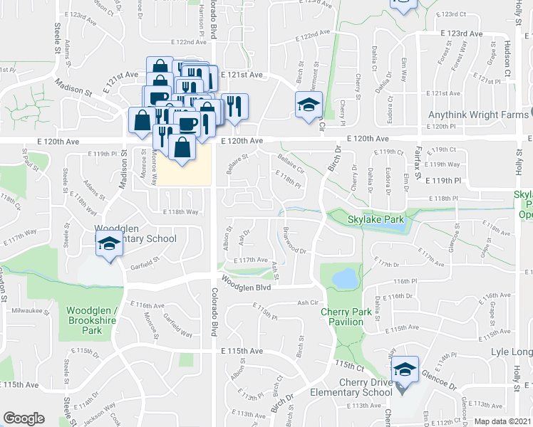 map of restaurants, bars, coffee shops, grocery stores, and more near 4195 East 118th Avenue in Thornton