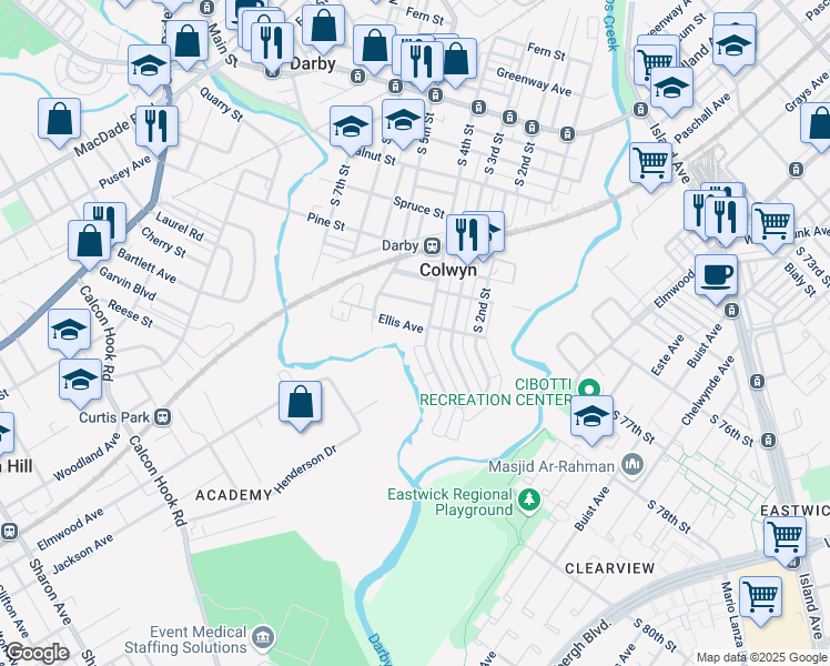 map of restaurants, bars, coffee shops, grocery stores, and more near 400 Ellis Avenue in Darby