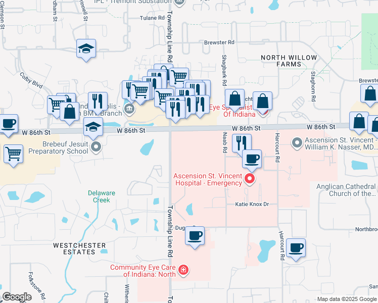 map of restaurants, bars, coffee shops, grocery stores, and more near 2345 West 86th Street in Indianapolis