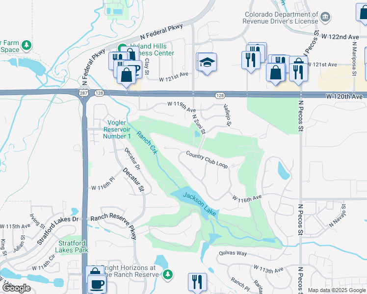 map of restaurants, bars, coffee shops, grocery stores, and more near 2513 Country Club Court in Westminster