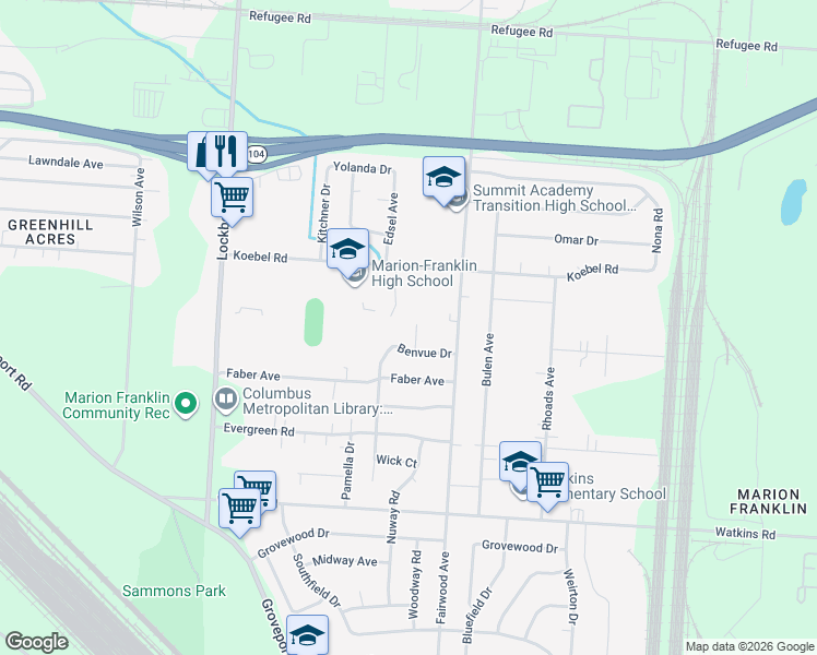 map of restaurants, bars, coffee shops, grocery stores, and more near 2675 Arcola Road in Columbus