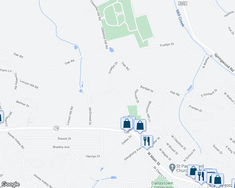 map of restaurants, bars, coffee shops, grocery stores, and more near 109 Fruitlyn Drive in Dallastown