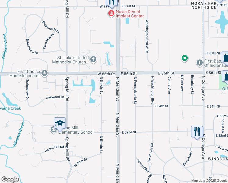 map of restaurants, bars, coffee shops, grocery stores, and more near 8500 North Meridian Street in Indianapolis