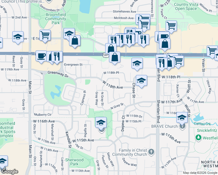 map of restaurants, bars, coffee shops, grocery stores, and more near 5828 West 118th Avenue in Broomfield