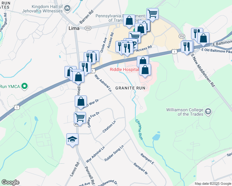 map of restaurants, bars, coffee shops, grocery stores, and more near 66 War Admiral Lane in Media