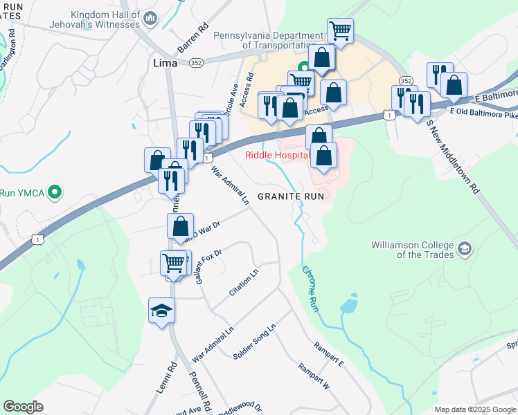 map of restaurants, bars, coffee shops, grocery stores, and more near 66 War Admiral Lane in Media