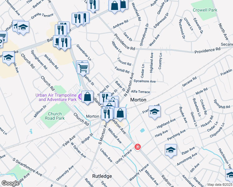 map of restaurants, bars, coffee shops, grocery stores, and more near 34 Harding Avenue in Morton