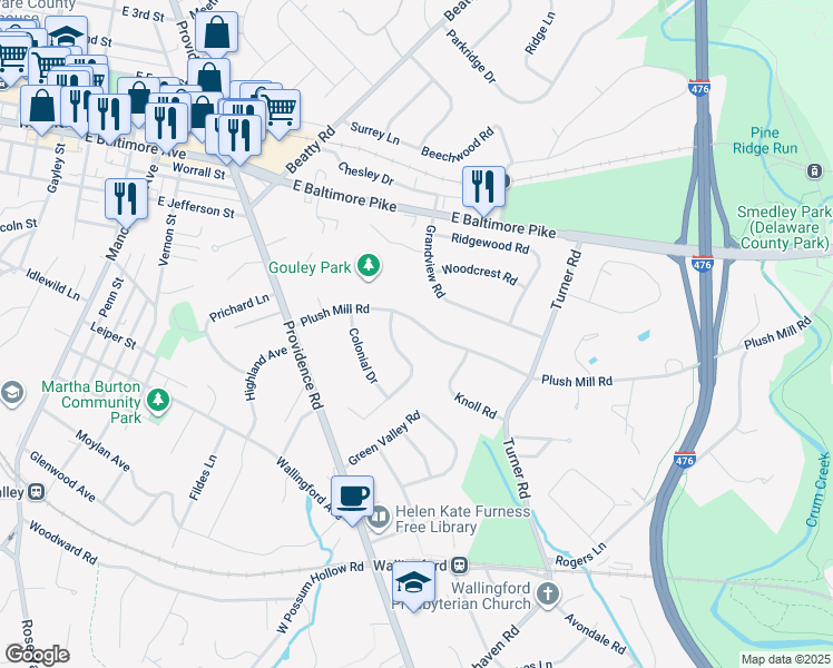 map of restaurants, bars, coffee shops, grocery stores, and more near 202 Plush Mill Road in Delaware County