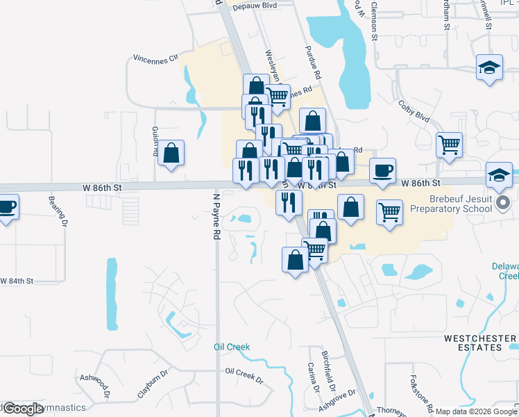 map of restaurants, bars, coffee shops, grocery stores, and more near 30 Oak Lake Circle North in Indianapolis