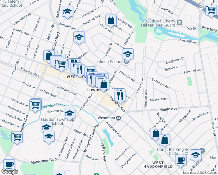 map of restaurants, bars, coffee shops, grocery stores, and more near 10 Center Street in Haddon Township