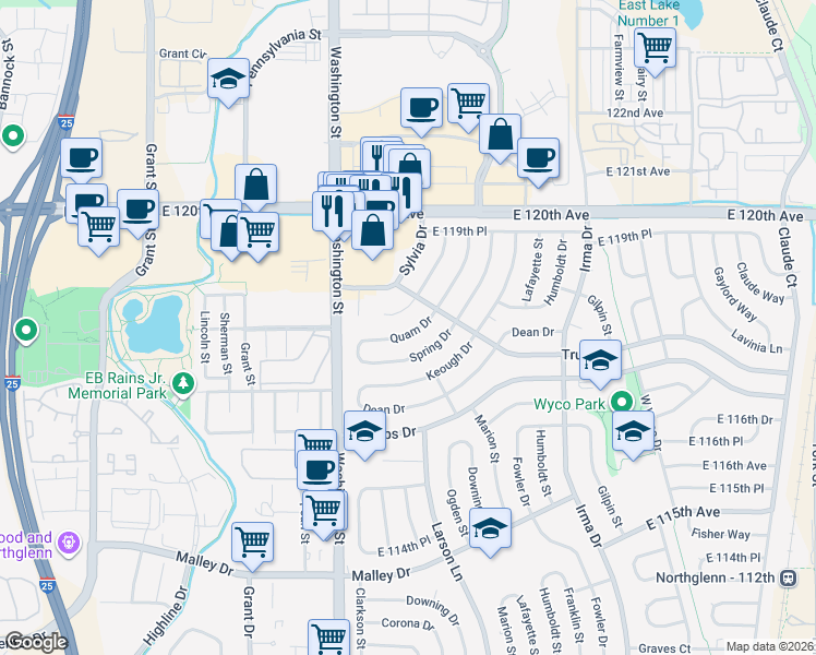 map of restaurants, bars, coffee shops, grocery stores, and more near 11804 Quam Drive in Northglenn