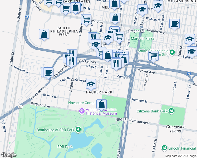 map of restaurants, bars, coffee shops, grocery stores, and more near 1802 Forrestal Street in Philadelphia