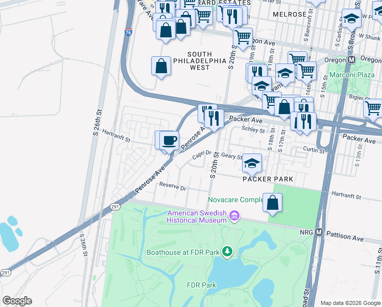 map of restaurants, bars, coffee shops, grocery stores, and more near 3215 Capri Drive in Philadelphia