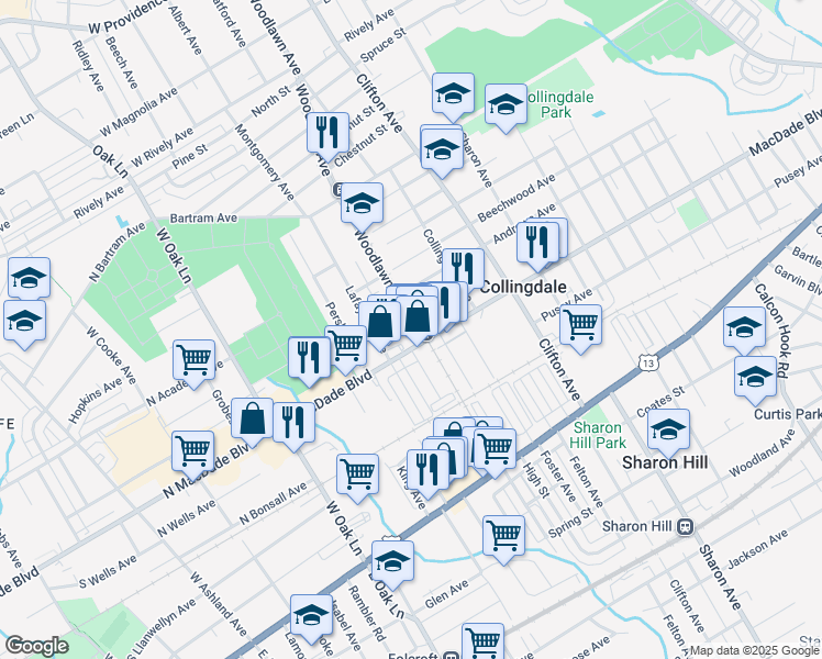 map of restaurants, bars, coffee shops, grocery stores, and more near 1016 Hollywood Place in Collingdale