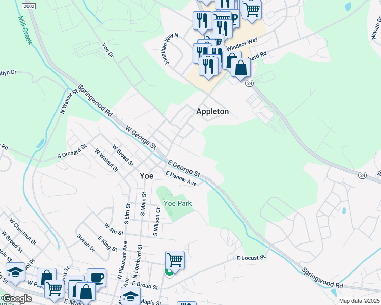 map of restaurants, bars, coffee shops, grocery stores, and more near 64 East High Street in Yoe