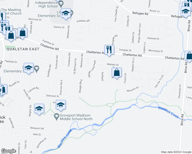 map of restaurants, bars, coffee shops, grocery stores, and more near 3382 Winter Lane Park in Columbus