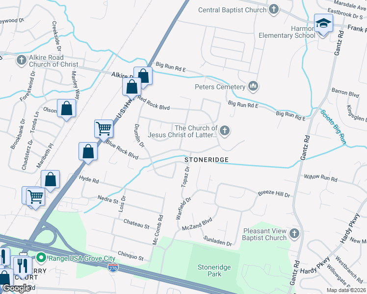 map of restaurants, bars, coffee shops, grocery stores, and more near 2520 Blue Rock Boulevard in Grove City