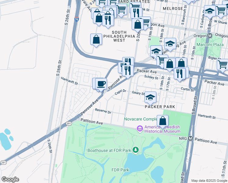 map of restaurants, bars, coffee shops, grocery stores, and more near 3102 Capri Drive in Philadelphia