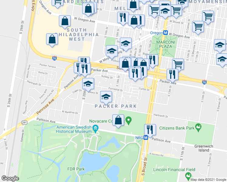 map of restaurants, bars, coffee shops, grocery stores, and more near 1808 Forrestal Street in Philadelphia